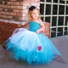 Vestido de festa infantil, fantasia de festa azul de alice, tutu, crianças, corpete de crochê, vestido de baile com coração vermelho e preto 2024 - compre barato