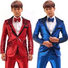 Traje de lentejuelas rojo y azul para hombre, moda Punk, cantante, disfraz de concierto de estrellas, Chaqueta larga de Color para hombre, pantalones, conjunto de 2 piezas 2024 - compra barato