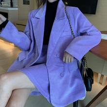 Комплект вельветовый женский из двух предметов, модный Свободный блейзер в Корейском стиле, брюки с завышенной талией фиолетового цвета, вельветовый костюм с мини-юбкой 2024 - купить недорого