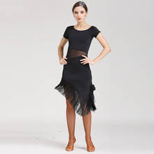 Ropa de baile latino para mujer, vestido negro de manga corta con flecos para mujer adulta, Rumba, Tango, Samba, Salsa, disfraces de práctica de baile DQL3353 2024 - compra barato