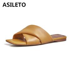 ASILETO Shoes Women Natural Soft Genuine Leather Flat Slippers Square Toe Ladies Slides Summer Beach Sandals Multi color 2024 - buy cheap