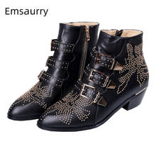 Studded Buckle Metal Decoration Ankle Boots Women Point Toe Thick Heel Side Zip Serpentine Real Leather Rivet Winter Botas 2024 - buy cheap