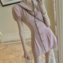 Summer women elegant pink dress slim waist front buttons sailor collar dresses female short sleeve dress 2024 - buy cheap