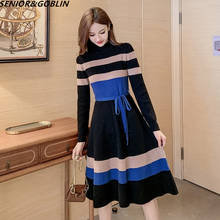 2022 New Fashion Autumn Dress Women Elegant Vintage Striped Knit Dresses Ladies Runway Autumn Long knitting Sweater Dress 2024 - buy cheap