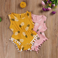 Moda infantil macacão + bandana terno de cintura alta amarelo abacaxi fruta impressão sem mangas algodão borla crianças 2 pçs conjunto de roupas 2024 - compre barato