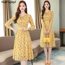 2020 винтажные желтые шифоновые платья миди с цветочным рисунком на осень и зиму, плюс размер, платье с длинным рукавом, элегантное женское облегающее платье для вечеринки, Vestidos 2024 - купить недорого