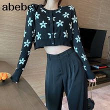 Женский укороченный Кардиган с длинным рукавом, осень 2020, корейский стиль, винтажный Укороченный кардиган с цветами, вязаный свитер, топы, черная вязаная одежда T522 2024 - купить недорого