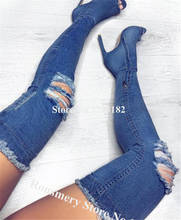Western Fashion Style Peep Toe Stiletto Heel Over Knee Denim Gladiator Boots Blue Pink White Cut-out High Heel Jean Boots 2024 - buy cheap