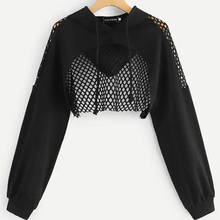 2022 Black Hoodies Hollow Out Crop Tops Mesh Patchwork Short Sweatshirt Long Sleeve Autumn Tops and Pullovers 2024 - buy cheap