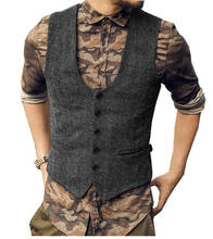 Chaleco de lana de Tweed para hombre, traje ajustado de algodón para ocio, chaleco de caballero con patrón de espiga, Beckham, negocios, novio de boda marrón 2024 - compra barato