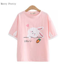 Pink Solid Cartoon Rabbit Print Sweet T Shirt Women Tops 2021 Summer Loose Cotton Female Korean Style Kawaii Ladies Tee Shirts 2024 - buy cheap