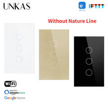 Interruptor de parede padrão eua unkas, painel de vidro 3 gang eua interruptor touch wifi aplicativo ewelink controle por telefone celular linha única interruptor de parede sensível ao toque