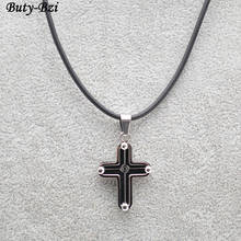 Black Stainless Steel Metal Cross Pendant Black Leather Cord Necklace Fashion Jewelry 2024 - buy cheap