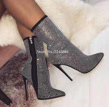 New Bling Crystal Stiletto Heel Short Boots Women Sexy Pointed Toe Rhinestone High Heels Ankle Boots Lady Popular Party Shoes 2024 - buy cheap