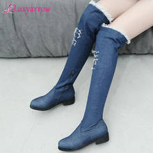 Lasyarrow Denim Boots Zipper Hollow Tassel Long Boots Sexy Fashion Over the knee Jean Boots Low Square Heel Thigh High Boots 2024 - buy cheap