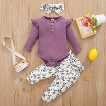Baby Girl Clothes Set Purple Button 3Pcs Bodysuit+Pants+Headband Cotton Kids Clothes Outfits Toddler Girl Spring Summer Clothing 2024 - buy cheap