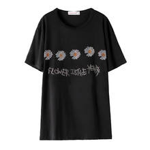 Camiseta de manga corta de talla grande para mujer, Tops con letras de diamante, estilo coreano, camiseta negra holgada 2021 2024 - compra barato