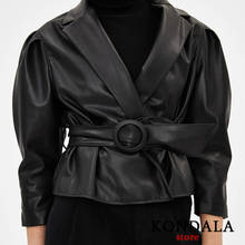 KONDALA Za 2020 Women Faux Leather Jackets Puff Sleeve V Neck Black Blazer Jackets Spring Fashion Fut Coat Mujer 2024 - buy cheap