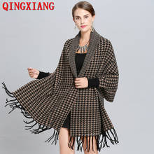 2019 Women Autumn New Designer Female Long Sleeves Cape Outside Street Wear Winter Houndstooth Knitted Cardigan Vintage Shawl 2024 - buy cheap