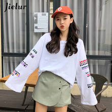 Camisetas de manga longa femininas, camisetas soltas para outono estilo coreano, simples, com gola redonda, tops preto e branco para meninas 2024 - compre barato