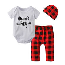 Summer style Mama'Boy Print Newborn Baby Boy Clothes Short Sleeve Romper Tops+Red Plaid Pants+Cap Infant Toddler Clothing Set 2024 - buy cheap