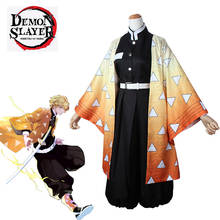 Disfraz de Anime Demon Slayer para hombre, conjunto completo de Kimono amarillo, Haori, Agatsuma, Zenitsu, Kimetsu no Yaiba 2024 - compra barato
