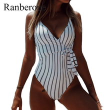 Ranberone 2020 novo sexy listras de banho feminino sem costas um pedaço maiô plus size feminino praia biquíni maillot femme ternos 2024 - compre barato