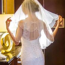 Nuoxifang véu de noiva branco para noivado, véu de casamento com 2 camadas curtas de contas peroladas branco marfim com pente 2024 - compre barato