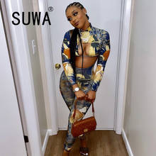 2 Piece Women Sets Clothes Spring 2021 New Arrival Printed Long Sleeve Crop Tops High Waist Classic Pencil Pants Sexy Club Wear 2024 - buy cheap