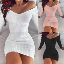 Sexy Women Spring Autumn Mini Dress Off Shoulder V-Neck High Waist Long Sleeve Solid Color Slim Hips Pencil Dress 2024 - buy cheap
