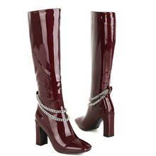 Fashion Patent PU Leather Women Knee High Boots Square Toe Chain Women Boots Thick Heel Ladies Winter Boots Black Brown Red 2024 - buy cheap