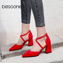 Bescono-zapatos de tacón grueso con hebilla y correa para mujer, calzado elegante con decoración de Metal en color rojo, talla grande 31-43, BO783 2024 - compra barato