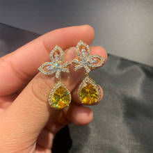 Brincos femininos com pingentes de ouro, borboleta, amarela, elegante, feita em cristal de zircônia natural, joias da moda 2024 - compre barato