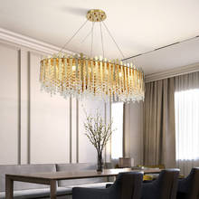 Sala de jantar moderna oval ouro aço led pingente luzes lustre k9 cabo cristal pendurado lâmpada iluminação interior luxo lamparas 2024 - compre barato