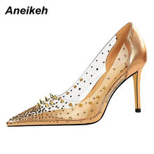 Aneikeh Spring/Autumn Women's Shoes PVC Thin Heels Pointed Toe Bling Rivet Patchwork Crystal Sexy Wedding Pumps Zapatos De Mujer 2024 - buy cheap