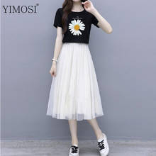 2021 Hot Sale Women Short Sleeve T shirts+ Mesh Long Skirts Suits Ladies Korean Vintage Flower Tops+ High Waist A Line 2 Piece S 2024 - buy cheap
