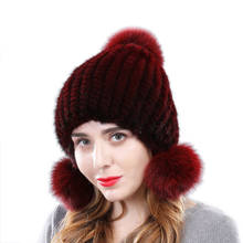 Touca de pele de vison real feminina, chapéu de pele de raposa com alças quentes respirável para orelha genuíno de marca fashion 2024 - compre barato