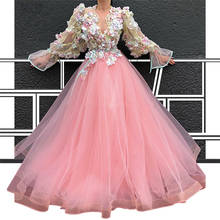 Pink Muslim Evening Dresses Ball Gown Long Sleeves Tulle Flowers Dubai Saudi Arabic Long Evening Gown 2024 - buy cheap