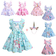 Vestidos bonitos de unicornio para niñas, vestido de princesa arcoíris, vestidos florales de dibujos animados, ropa con diadema 2024 - compra barato