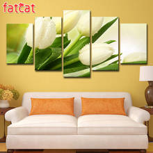 FATCAT-Cuadro de tulipanes blancos de flores, cuadrados o redondos de imitación bordado de diamantes, decoración del hogar, 5 piezas, AE2037 2024 - compra barato