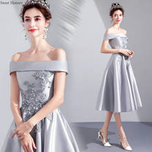F2130 Silver Gray Satin Prom Dresses 2022 Summer Appliques Lace Up Wedding Party Dress Boat Neck Robe De Soiree 2024 - buy cheap