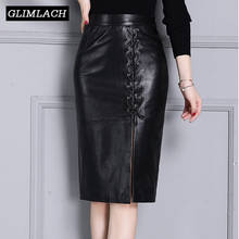 2020 Autumn Lace Up Real Leather Skirt Women Knee Length Skirt Black Sexy Sheepskin High Waist Genuine Leather Slit Wrap Skirt 2024 - buy cheap