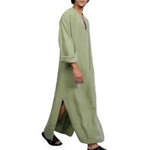 Fashion Men Tops Ethnic Solid Color Long Sleeve V Neck Side Slit T-shirt Pocket Maxi Robe Gown for daily life футболка 2021 2024 - buy cheap