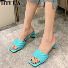 HTUUA 2020 Summer Women Slippers Square Open Toe High Heel Sandals Fashion Embroidery Slides Outdoor Slip On Ladies Shoes SX4000 2024 - buy cheap