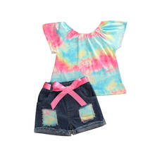 Camiseta jeans de manga curta feminina, camiseta de estampa colorida para bebês crianças meninas roupas de treino 2 peças 2024 - compre barato