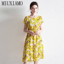 MIUXIMAO 100% Silk 2020 Summer Newest Arrival Vintage O-Neck Flower Print A-Line Mid-Calf Elegant Vintage Dress Vestido 2024 - buy cheap