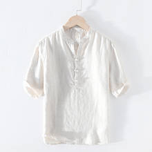 Camisas de manga corta para hombre, jersey de lino puro, informal, a la moda, Blanco sólido, Tops, ropa de verano, 100%, 2020 2024 - compra barato