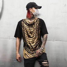 Men summer ripped tassel golden patchwork punk rock t shirt nightclub DJ hip hop slim fit stage costume man vintage streetwear 2024 - buy cheap