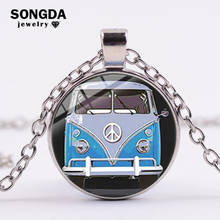 SONGDA Vintage Hippie Peace Sign Van Bus Necklace Old-fashion Peace Bus Theme Glass Photo Pendant Necklace Women Men Collectors 2024 - buy cheap