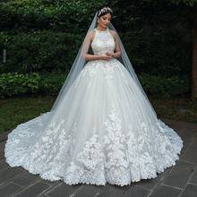 Vestido de noiva muçulmano, luxuoso, sem mangas, com botões, de tule, plus size, roupa de casamento 2024 - compre barato